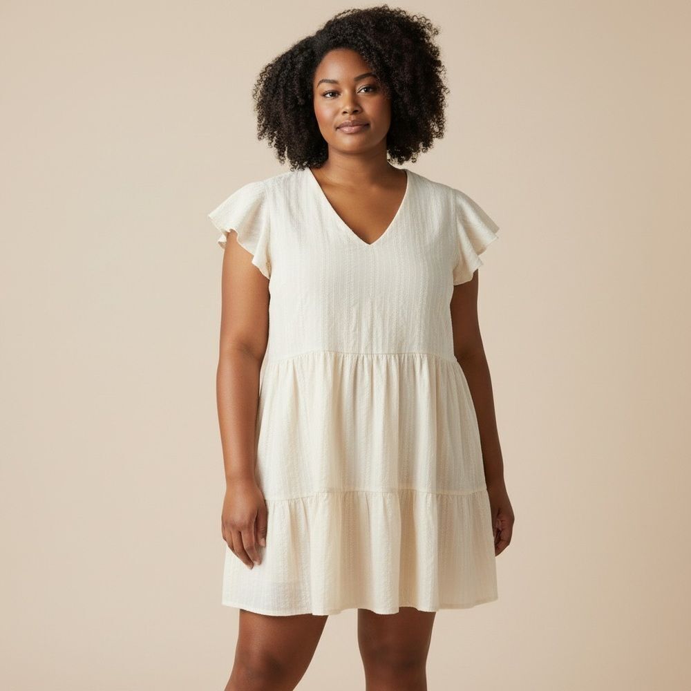 Albion Fit Helen Dress Size XL Cream Tiered V Neck Short Sleeve Flutter Pockets